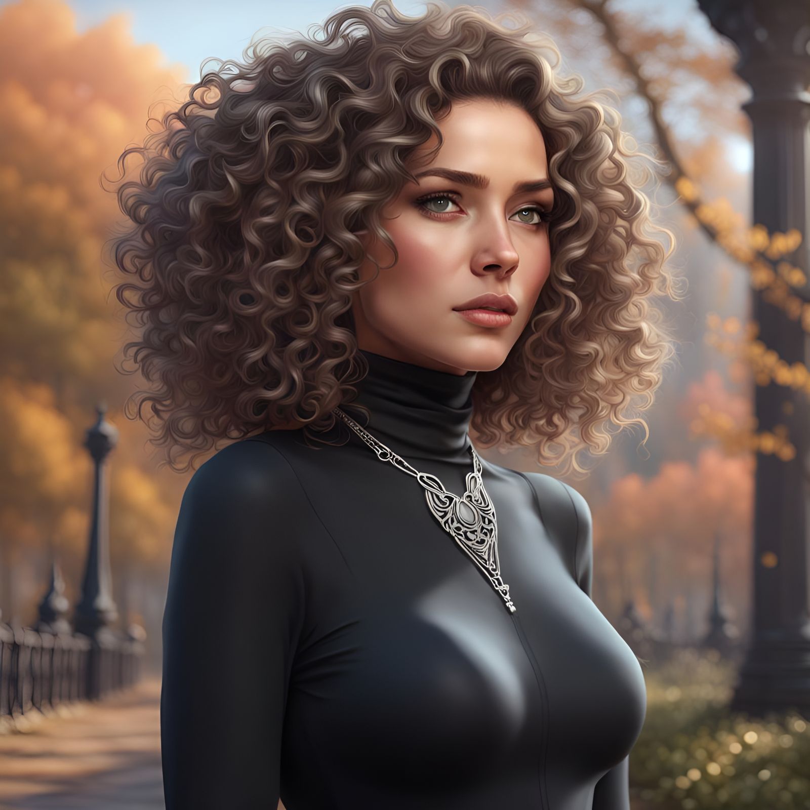 Woman with Curly Hair Portrait in Hyperdetailed Style