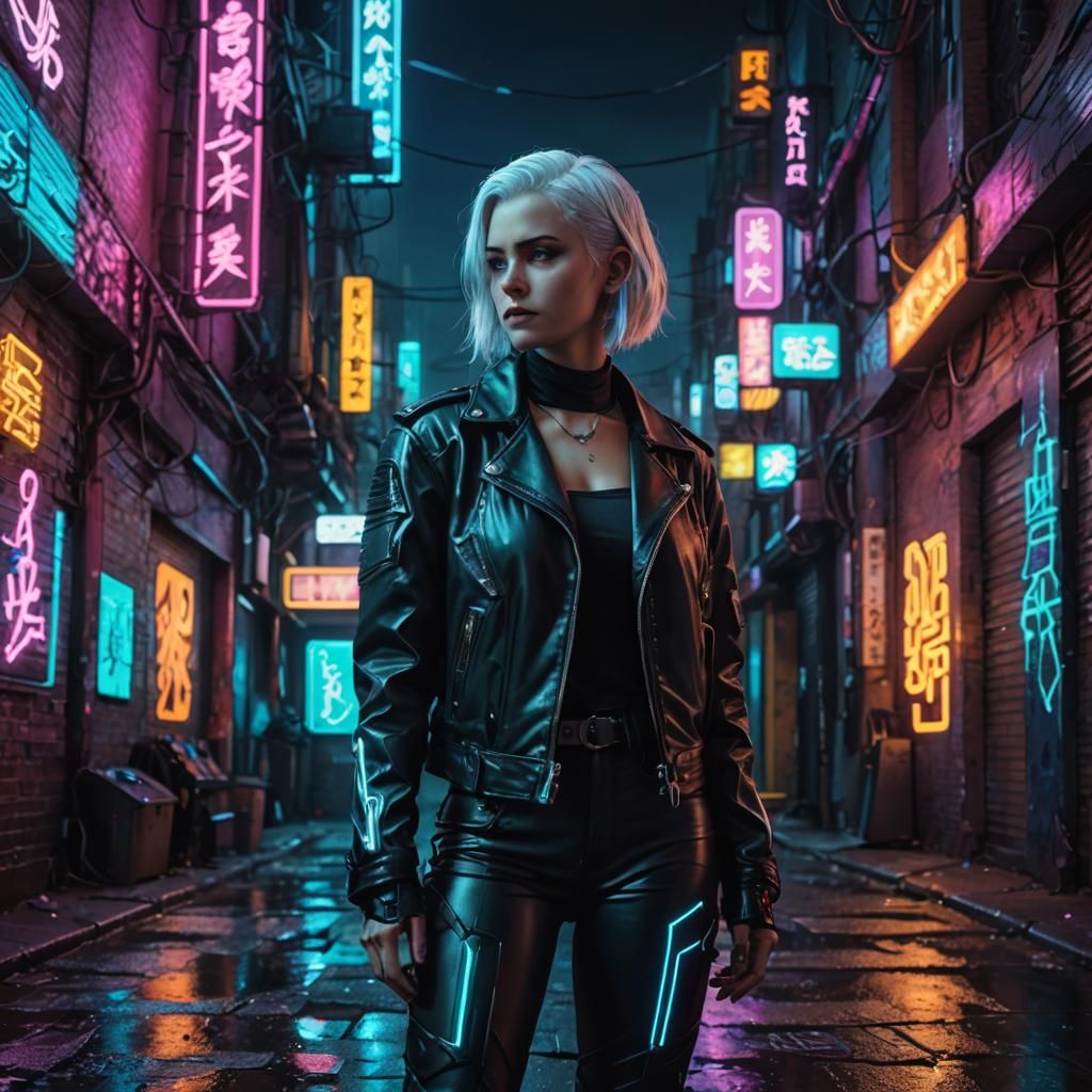 Cyberpunk Woman Portrait in Neon Alleyway