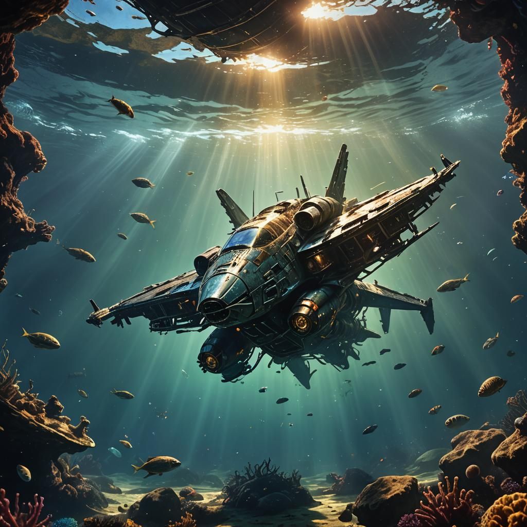 Sunken Alien Spaceship Graveyard: Hyperrealistic Concept Art