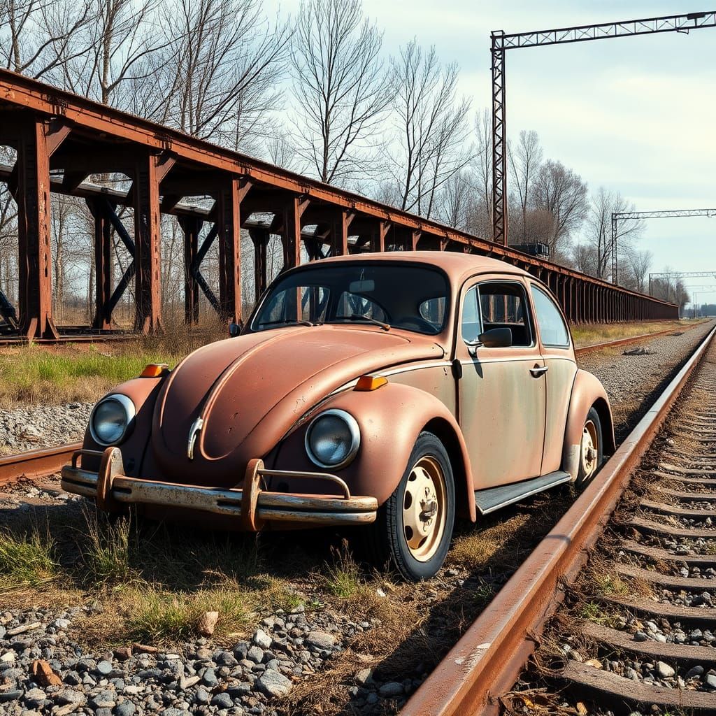 Rusty 1969 VW Beetle by Abandoned Railway