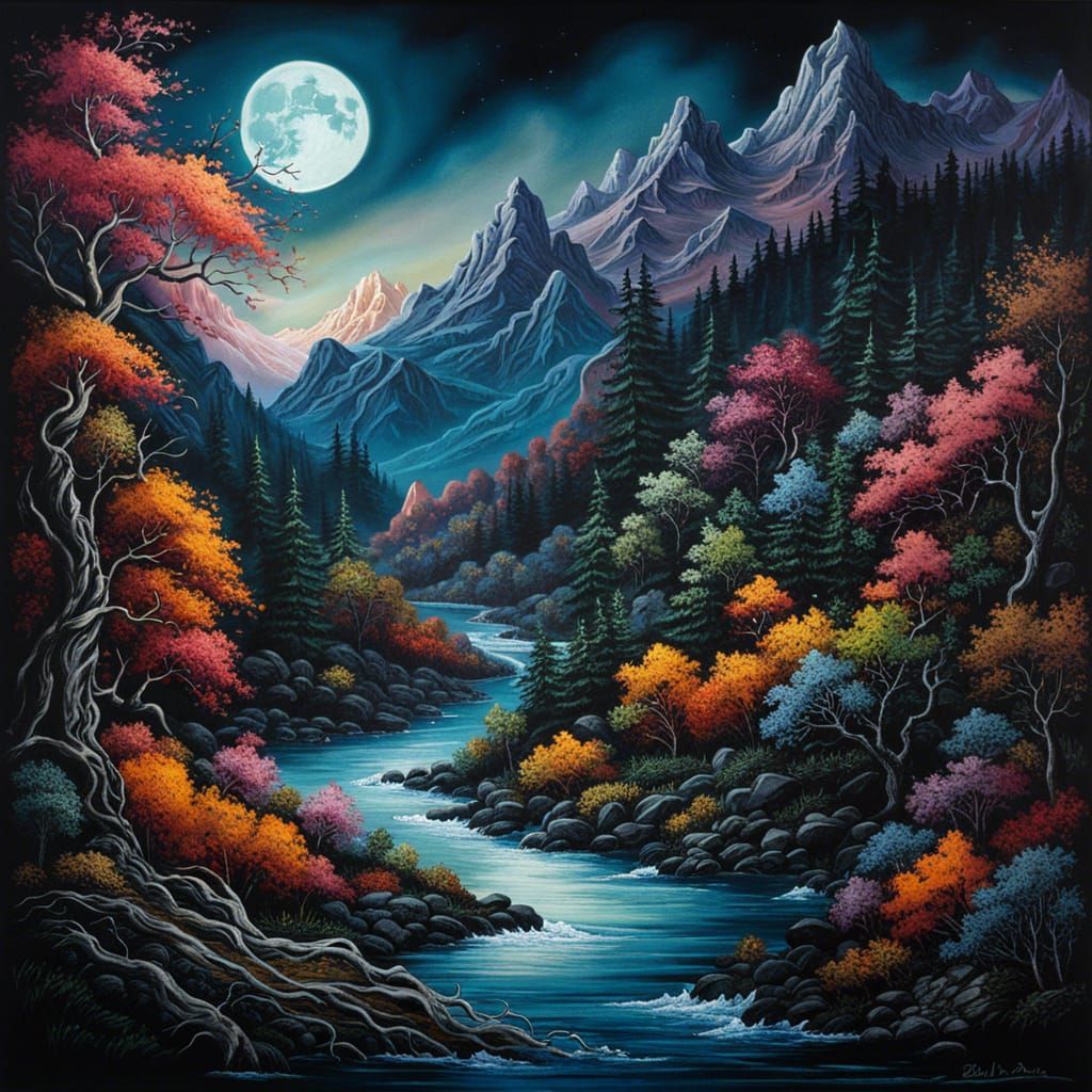 Stylized Mountain Landscape with Moonlight