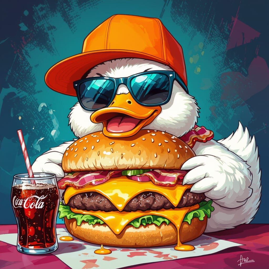 Duck Devouring Burger in Cartoon Style