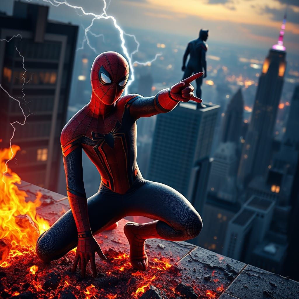 Spiderman and Black Panther: Heroic Vigil in Scorched Citysc...
