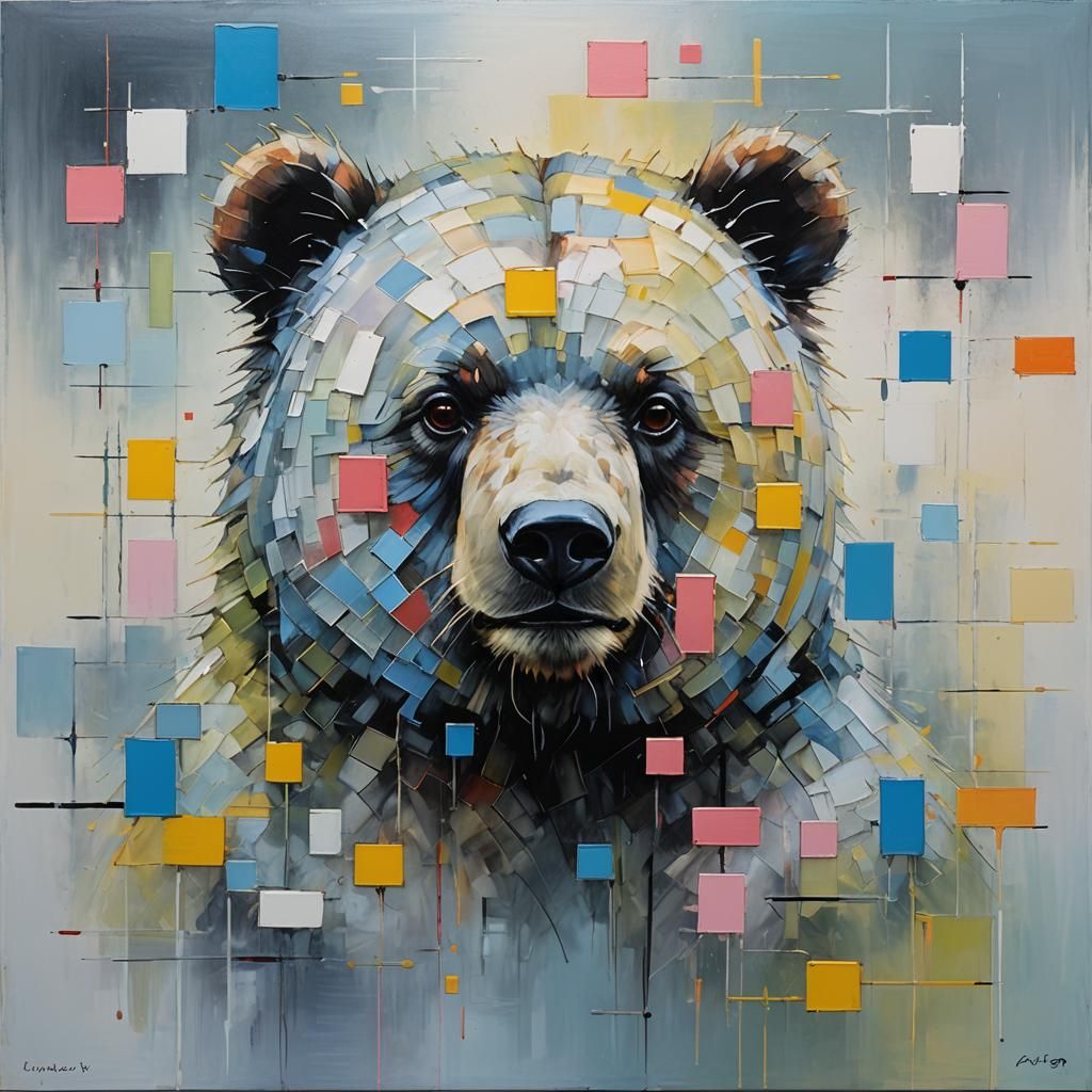 Neon Bear in Misty Mondrian Inspired Abstract