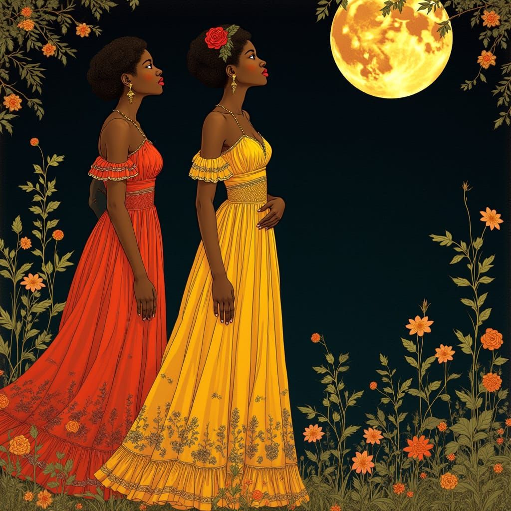 Black Woman Gazing at Moon in Art Nouveau Style