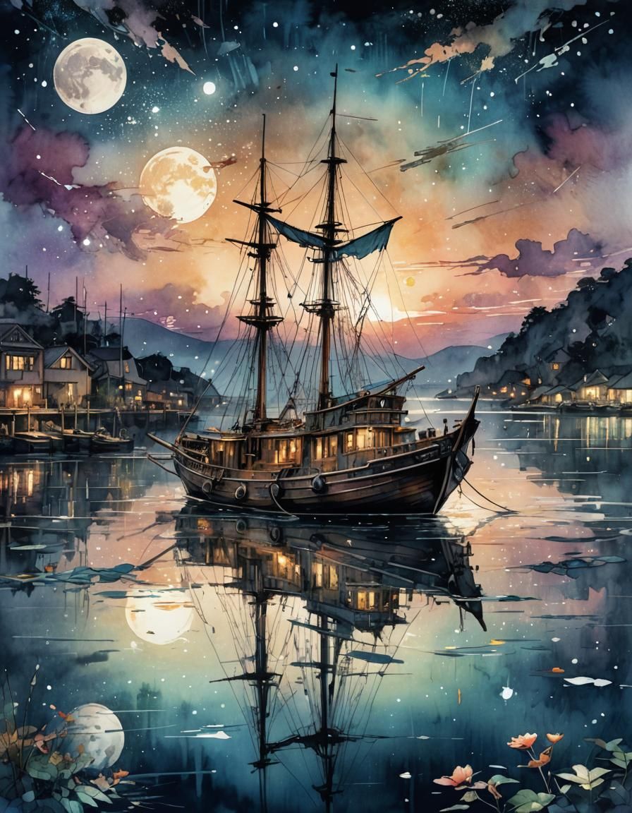 Moonlit Boat: Digital Watercolor Summerscape