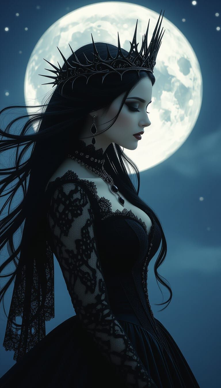 Gothic Moon Goddess in Moonlight, Profile Portrait