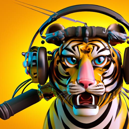 Cyborg Tiger with Headphones: Pixar-Style 3D Art