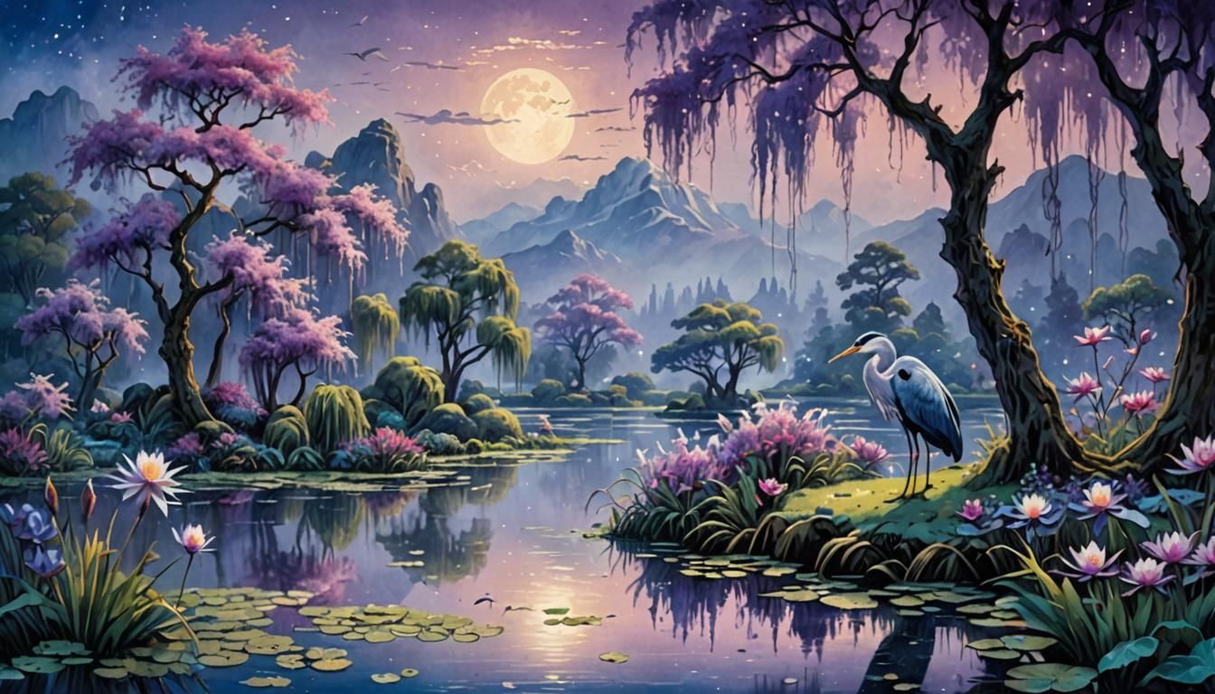 Ethereal Purple Swamp Landscape Watercolor Painting