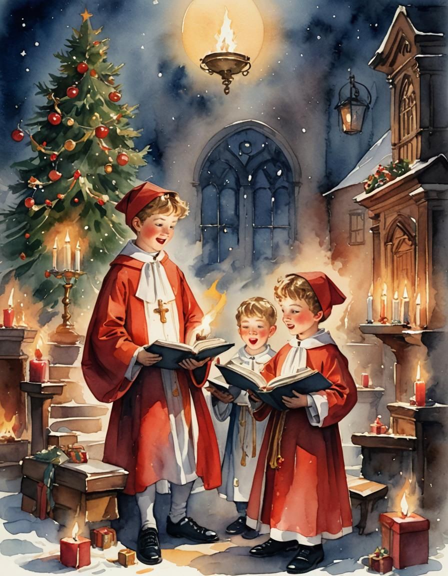 Choir Boys Singing Christmas Carols in Watercolor