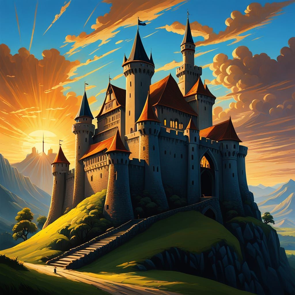 Medieval Castle Sunrise with Paladin in Chiaroscuro