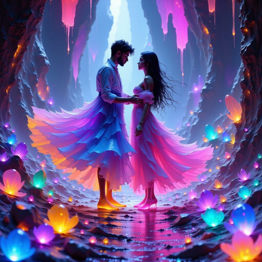 Couple Dancing Among Bioluminescent Crystals in Digital Art
