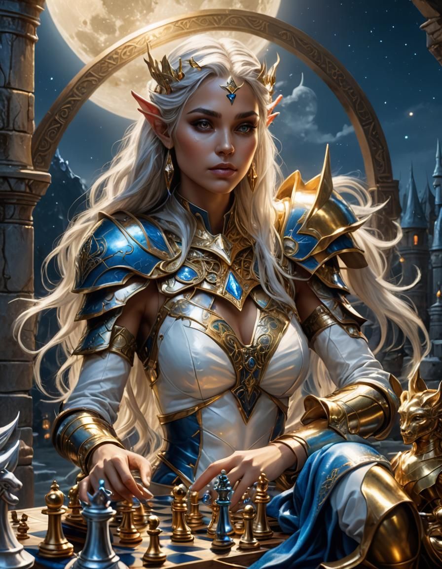 Fantasy Elf Goddess Playing Chess in Dreamlike Style