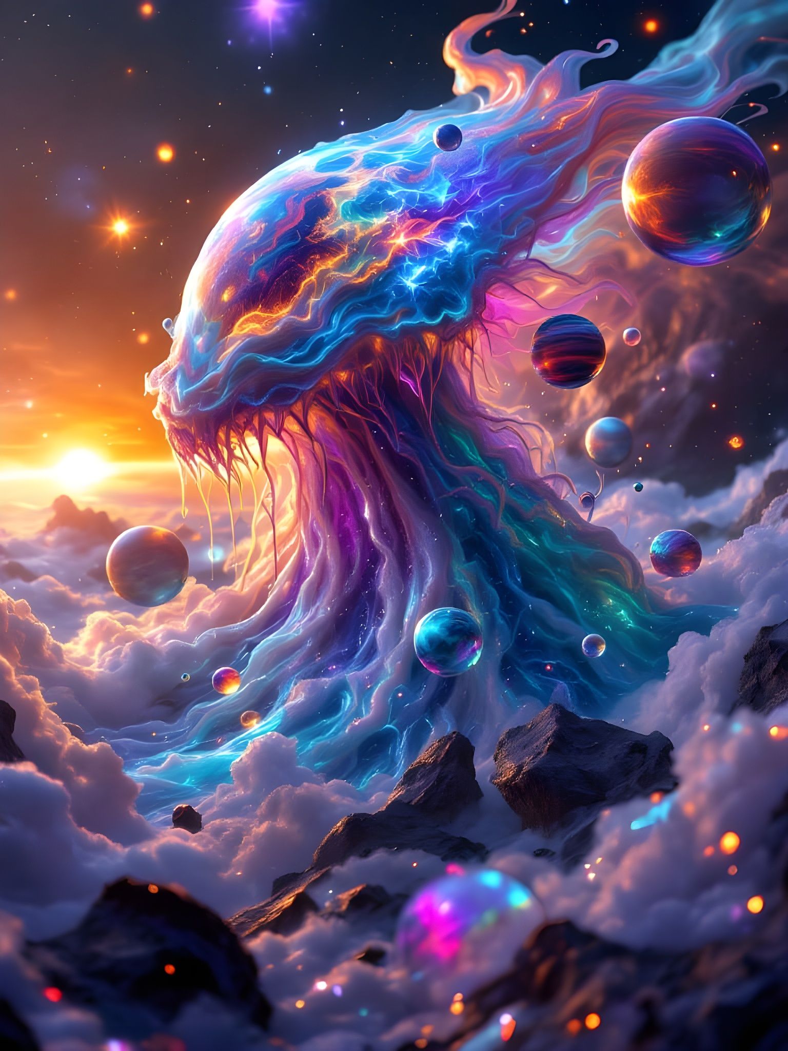 A Celestial Leviathan Cradles a Crystal World in Vibrant Hue...