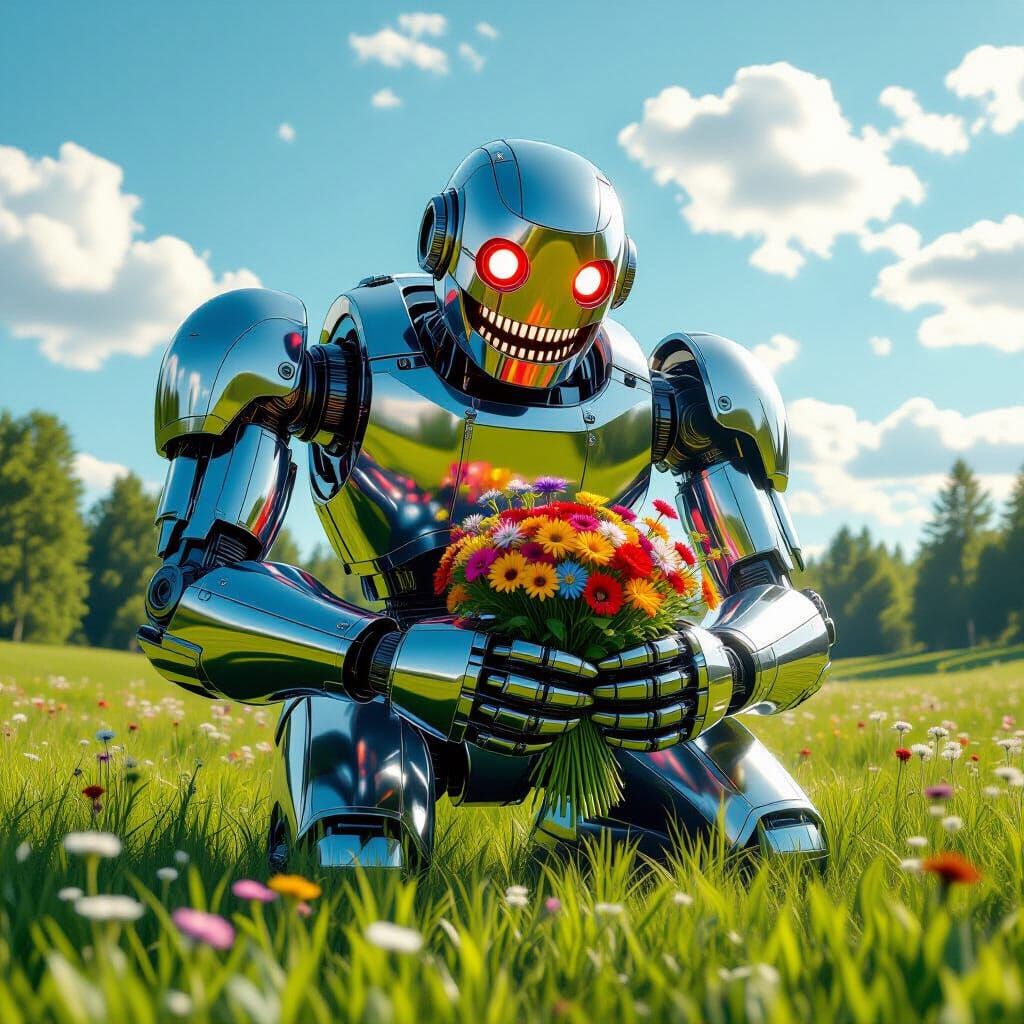 Giant Chrome Robot in Wildflower Meadow - Digital Painting