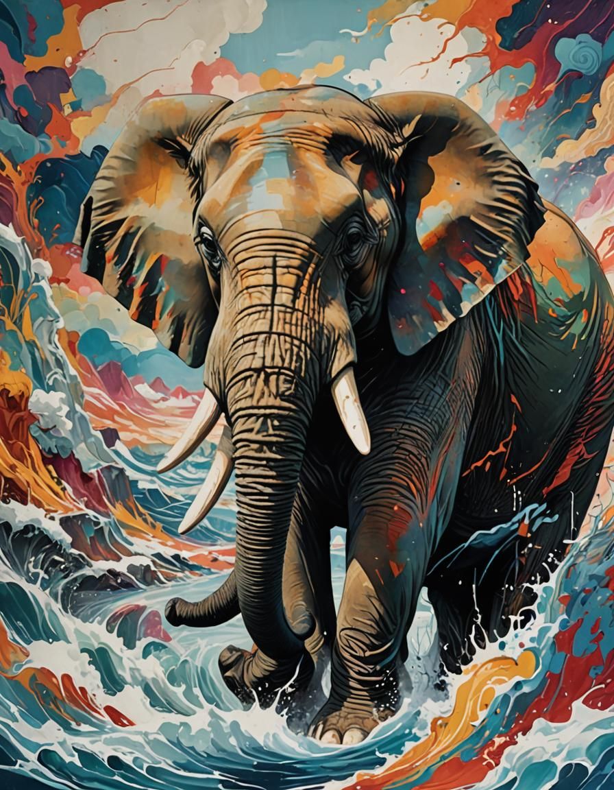 Colorful Elephant Portrait in Marcel Duchamp Style