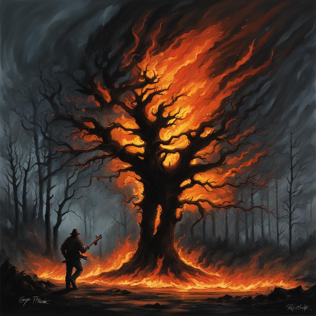 Trees on Fire at Night: Sinister Fantasy Art