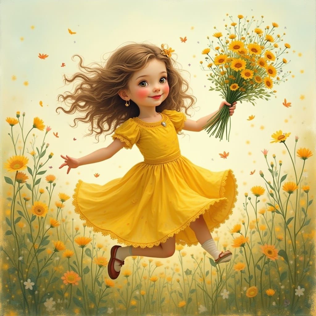 Joyful Child in Yellow Lace Dress with Wildflowers