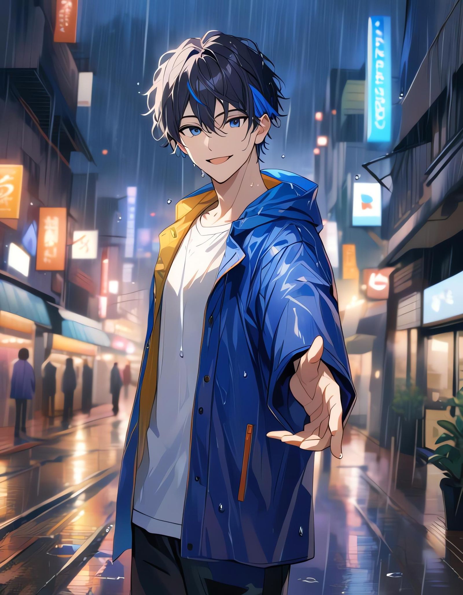 Smiling Man in Blue Raincoat on City Street