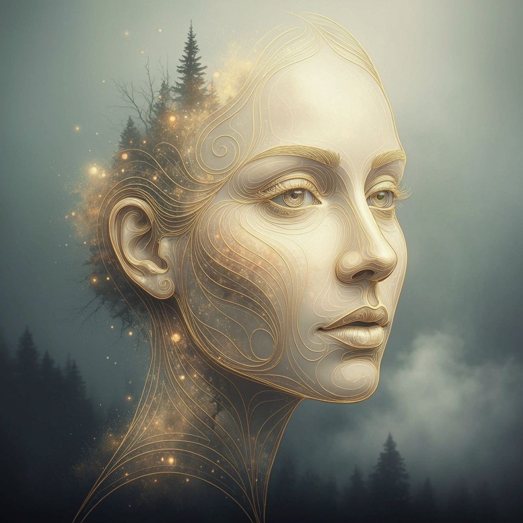 Ethereal Gold Female Face in Whimsical Style