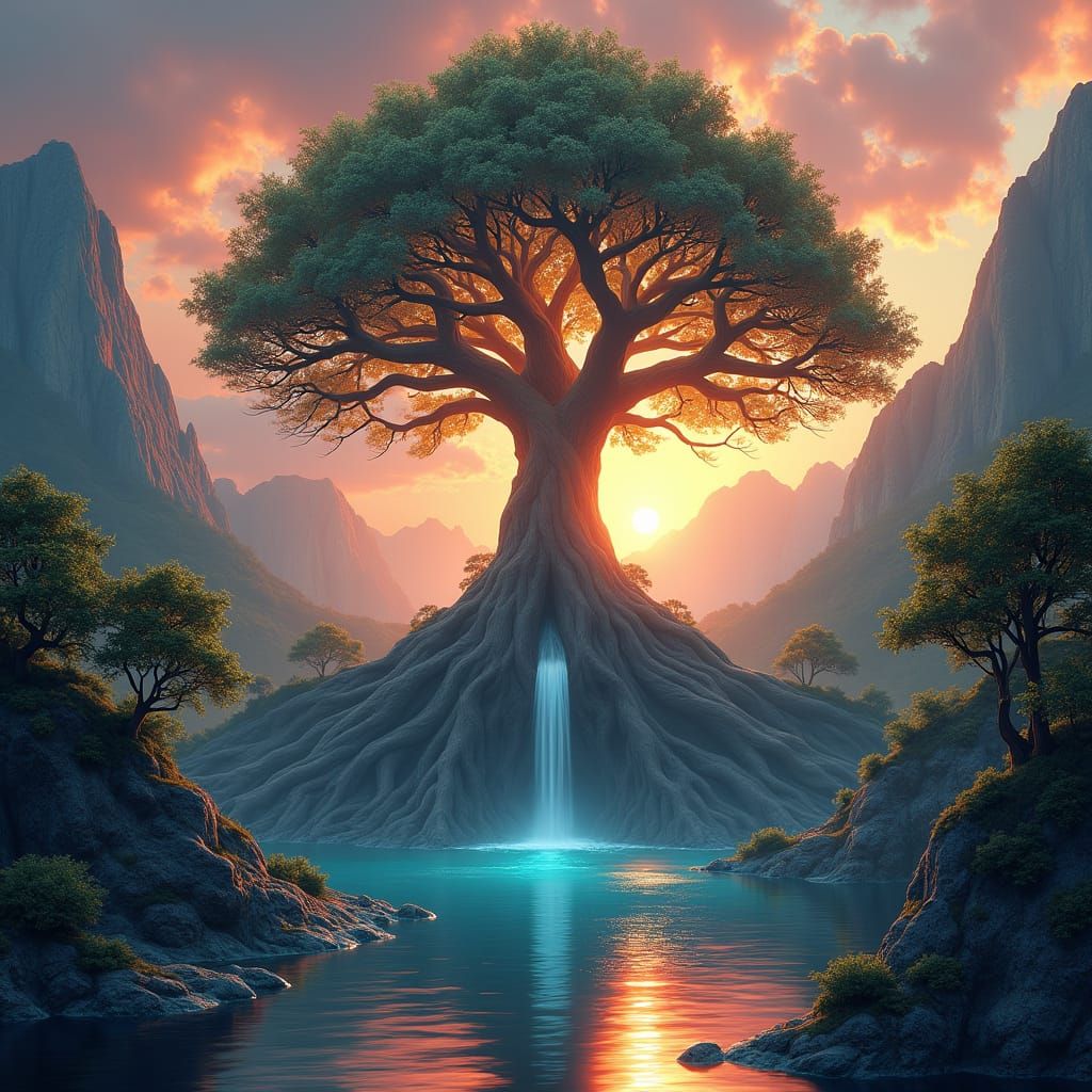 Vibrant Tree of Life Circle in Oak and Roots, Set Against a ...