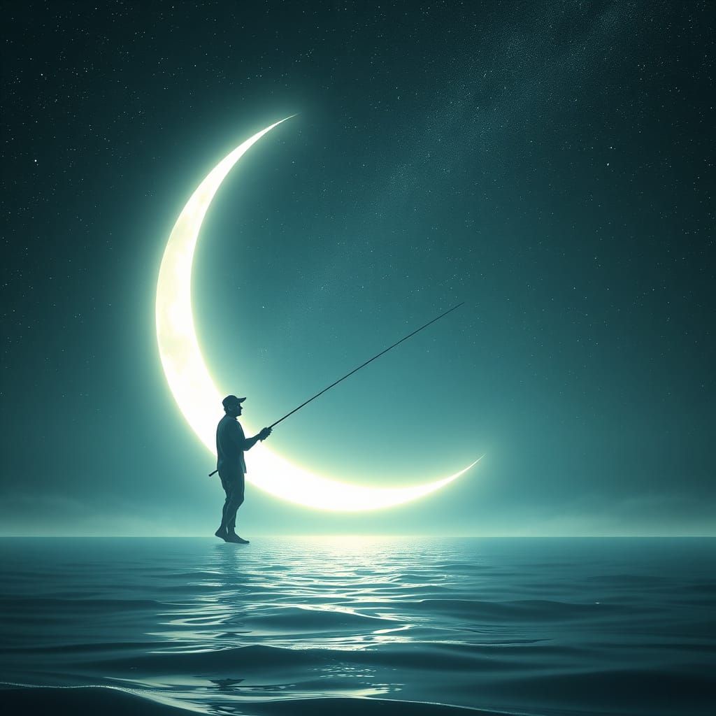 Fisherman on Crescent Moon Under Starry Sky