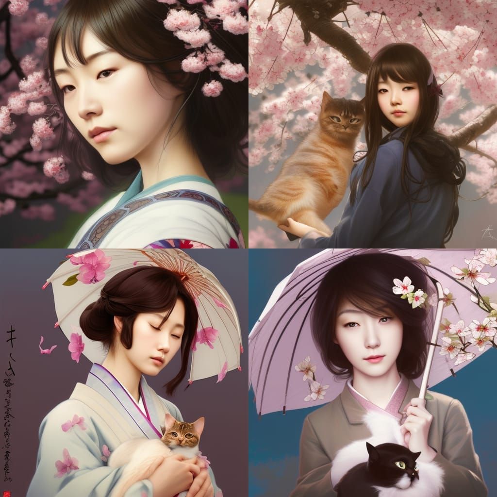 Japanese Girl with Cat in Cherry Blossom Garden