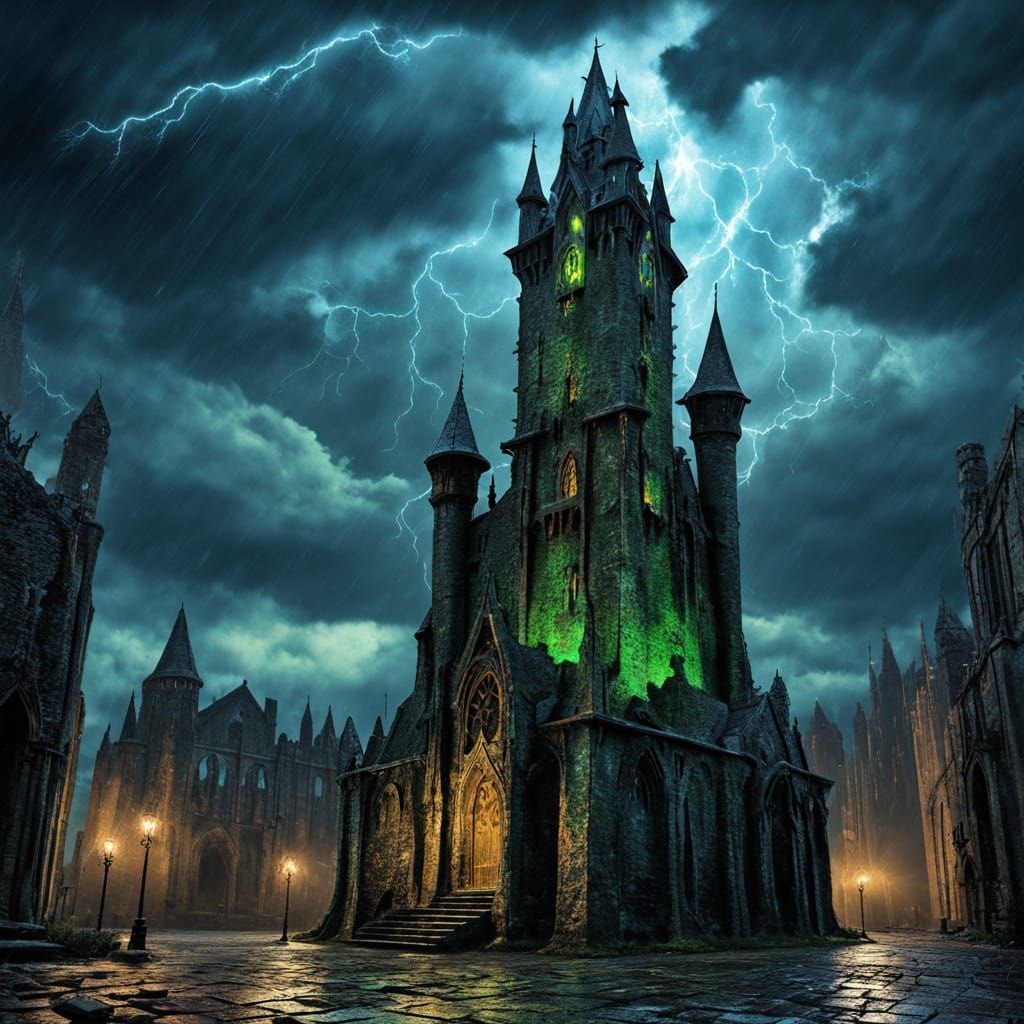 Gothic Tower in Stormy Twilight with Arcane Symbols