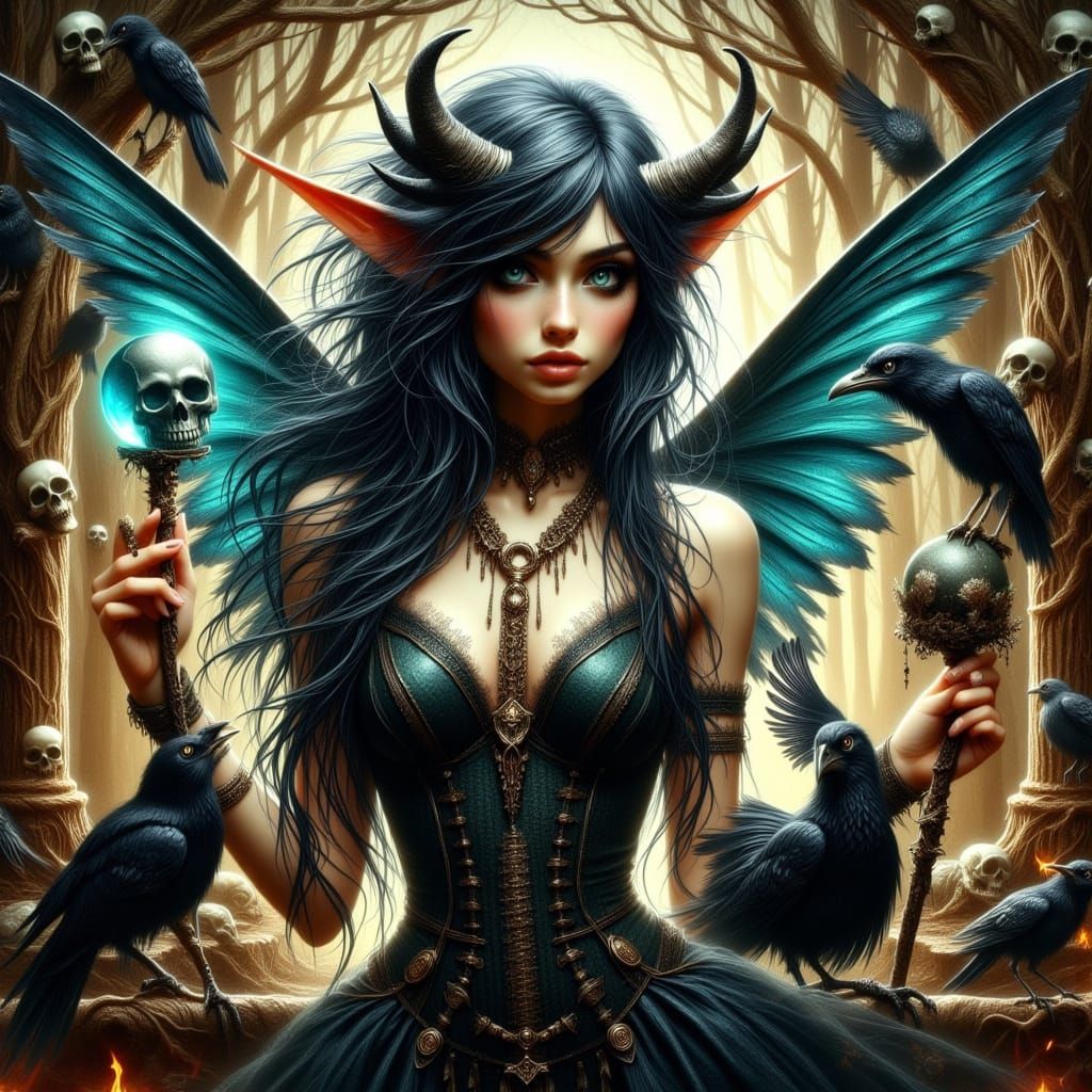 Gothic Fairy Creature with Skull Wand Digital Art