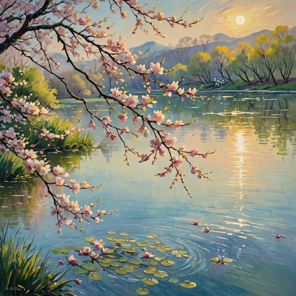 Cherry Blossoms Swaying: Impressionist Painting in Pastel Co...