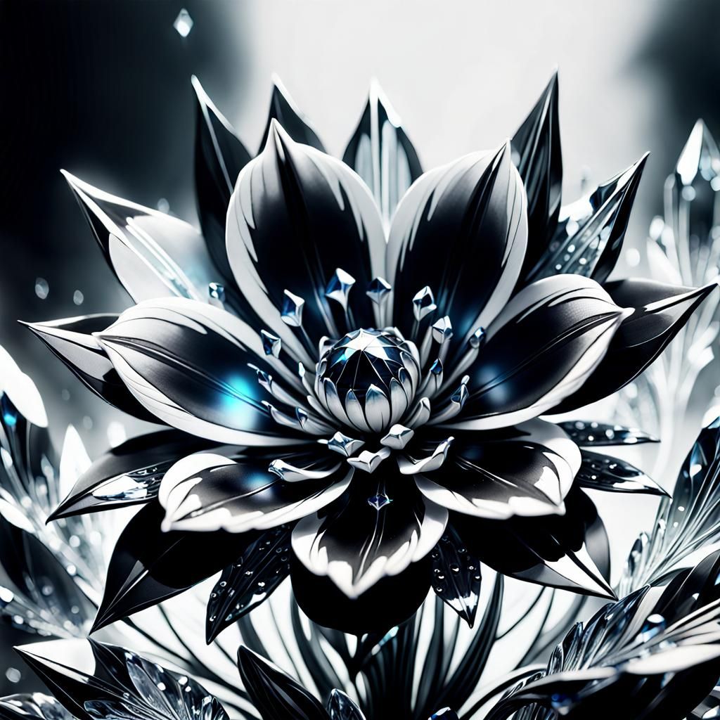 Detailed Black and White Crystal Flower Art
