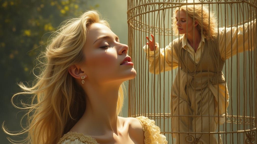 Elegant Woman Sees Man Emerge From Bird Cage