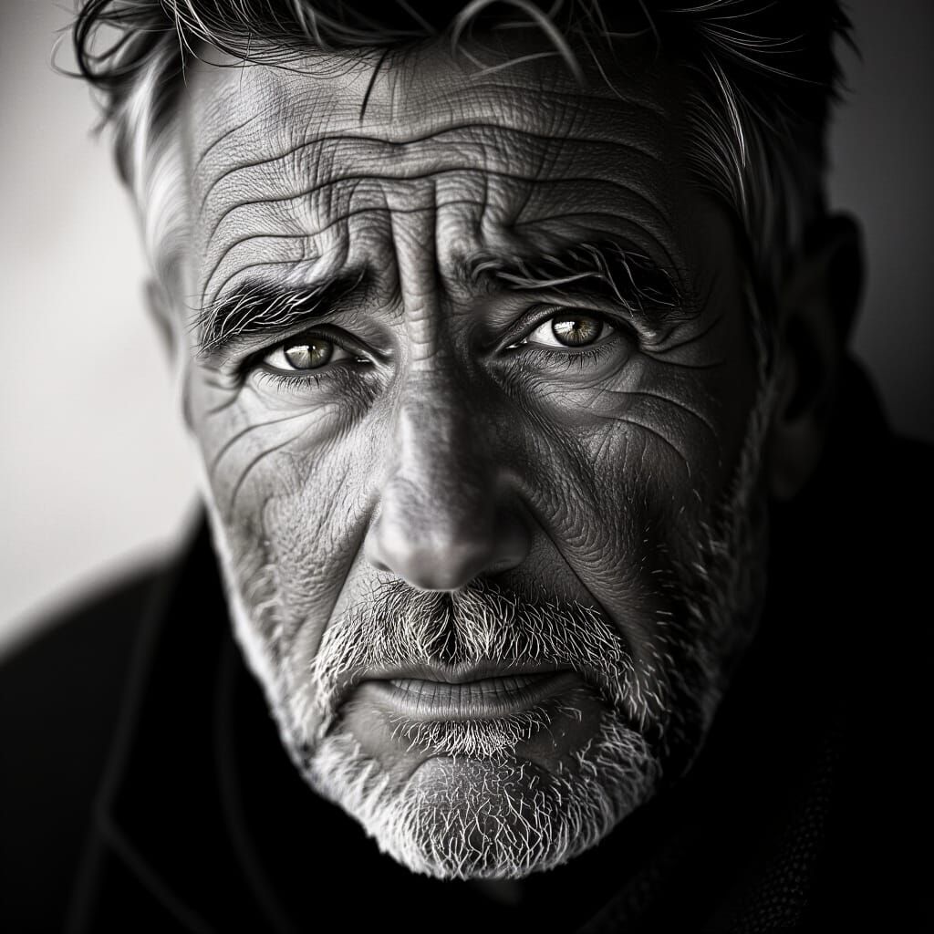Soulful Portrait of a Weathered Face in Film Noir Style