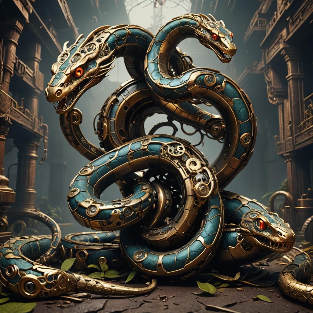 Three-Headed Clockwork Snake in Detailed Matte Painting
