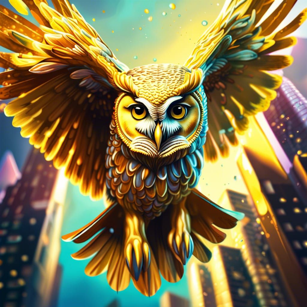Golden Owl Over City: Hyperrealistic Splash Art