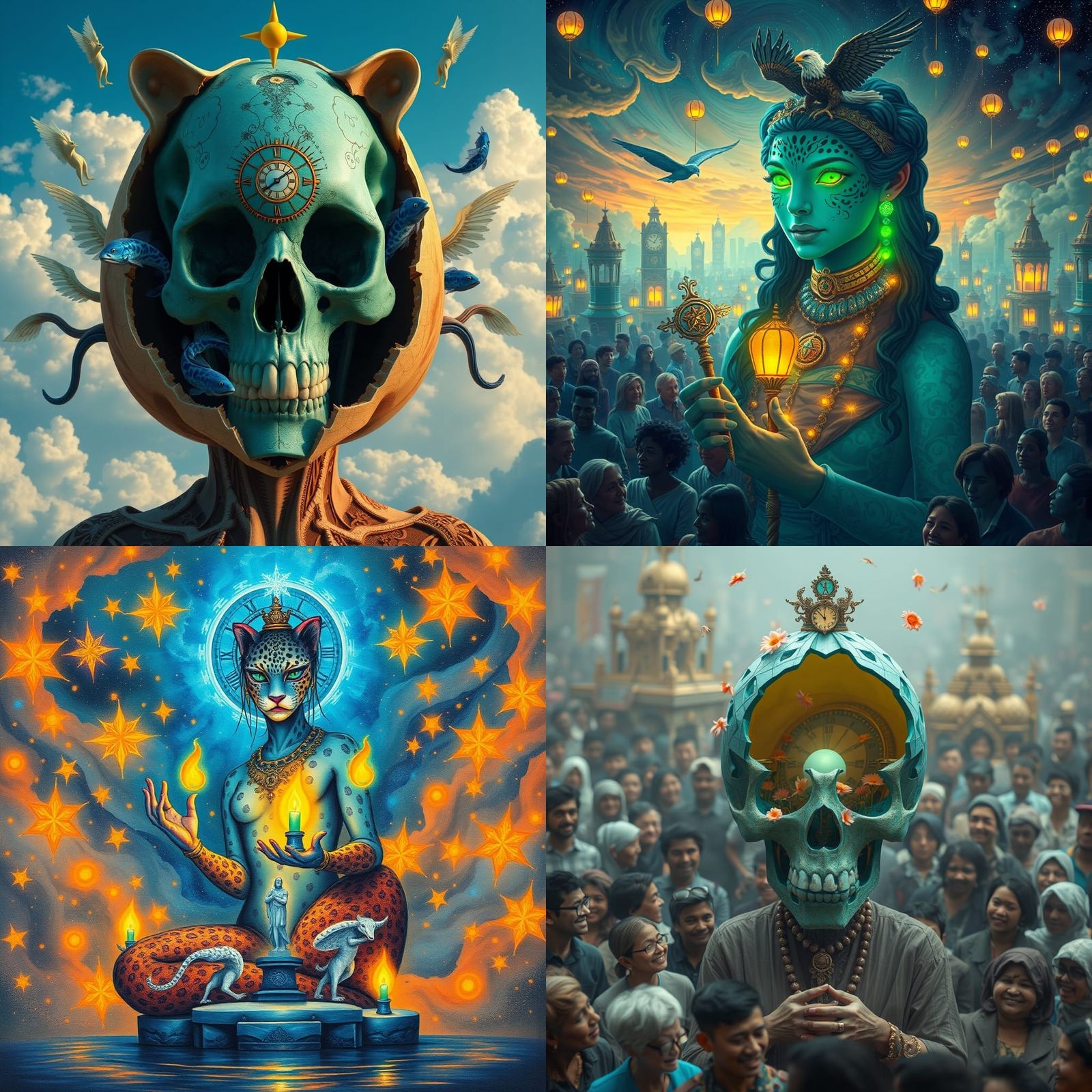 Surreal Teal Skull with Clockwork Dreamscape
