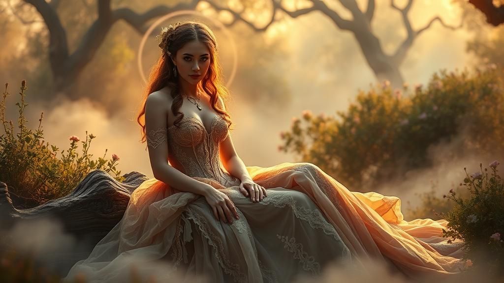 Ethereal Temptress in Fantasy Landscape, Hyperrealistic Styl...