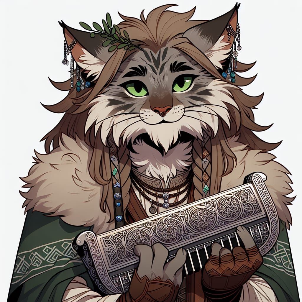 Norwegian Forest Tabaxi Bard with Harmonica, Cartoon Style