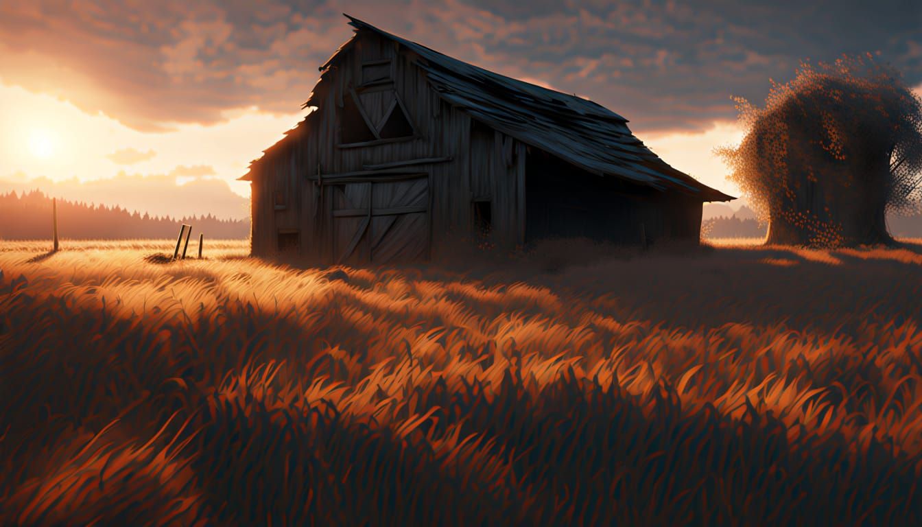 Abandoned Barn at Sunset: Dusty Textures and Long Shadows