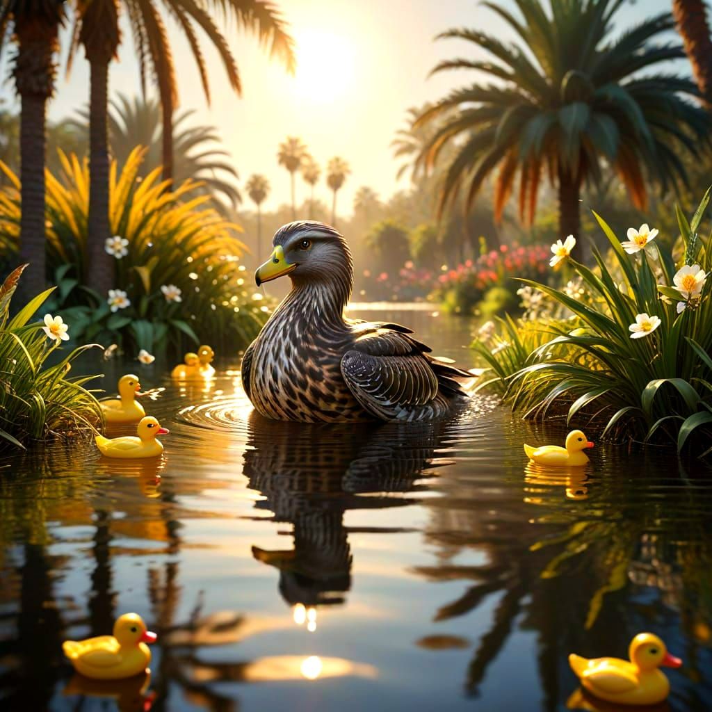 Vibrant Oasis Scene with Yellow Rubber Ducks and Majestic Ha...