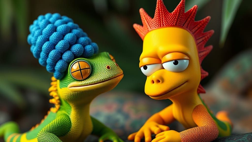 The Simpsons as Colorful Lizards in Hyperrealism