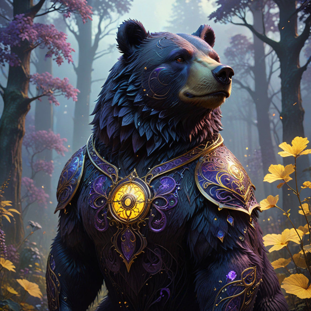Glowing Black Bear in Mystical Forest