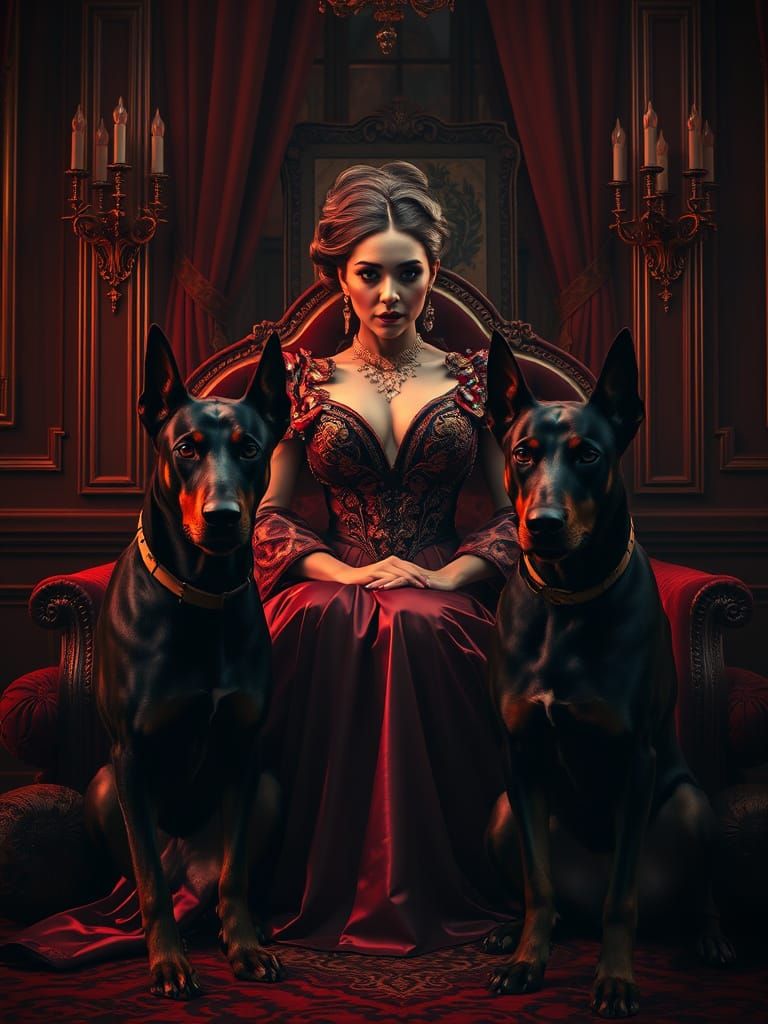Ravishing Woman with Dobermans in Noir Style