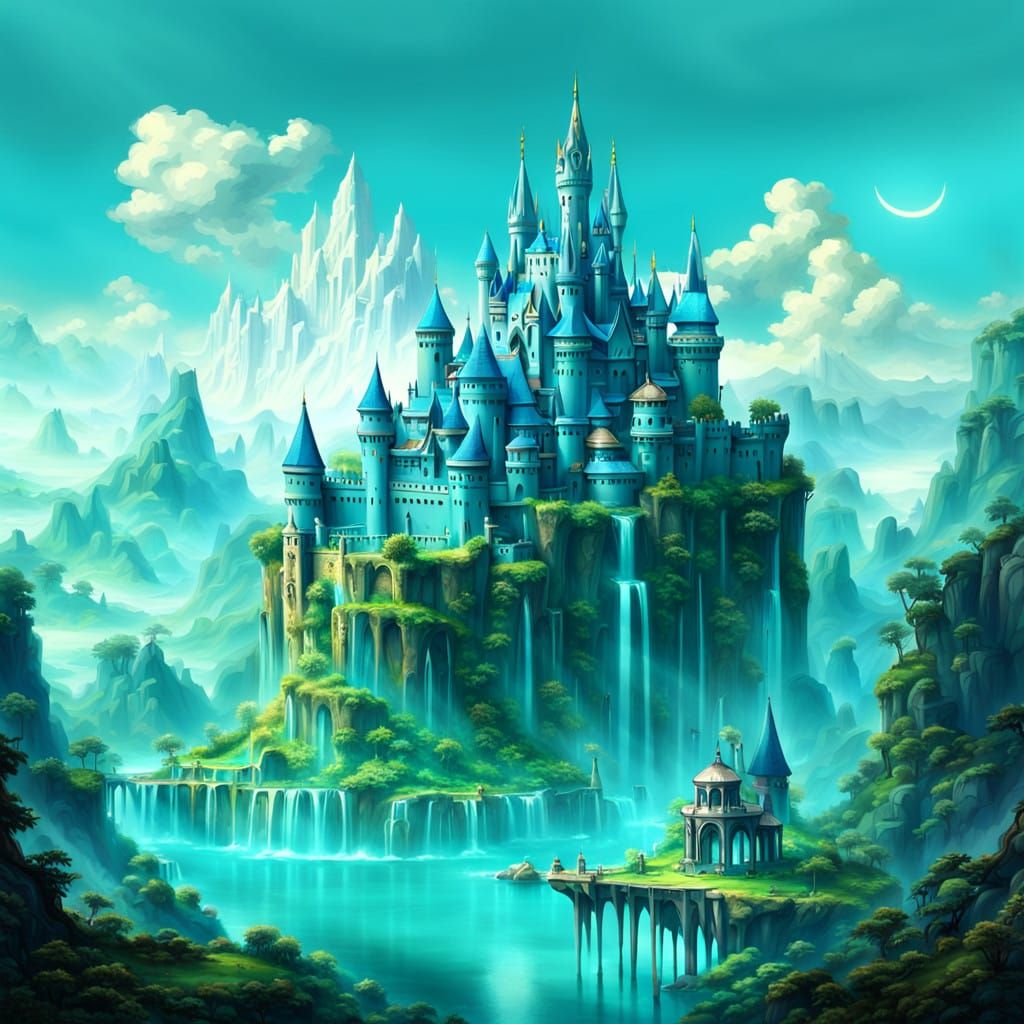 Surreal Shimmering Utopia Castle Amidst Turquoise Skies