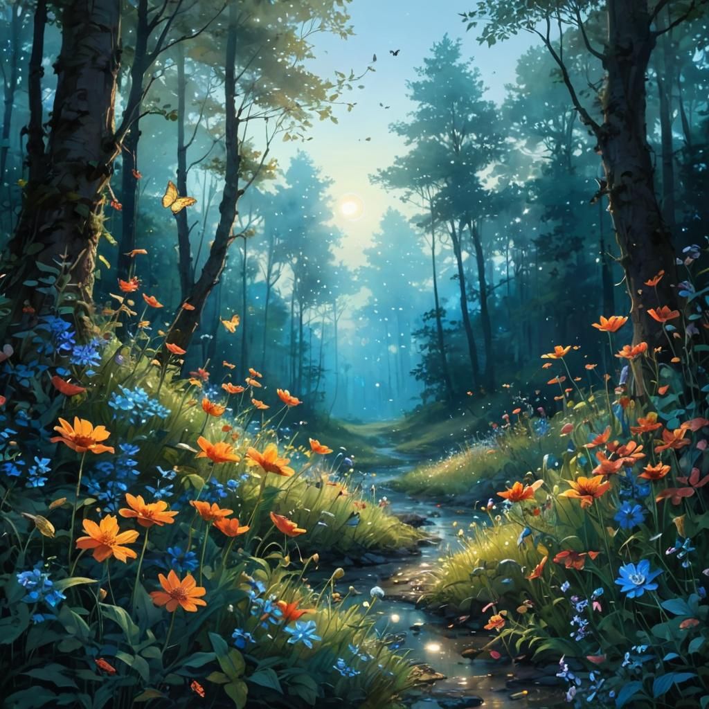 Fantasy Forest with Glowing Bugs at Dusk