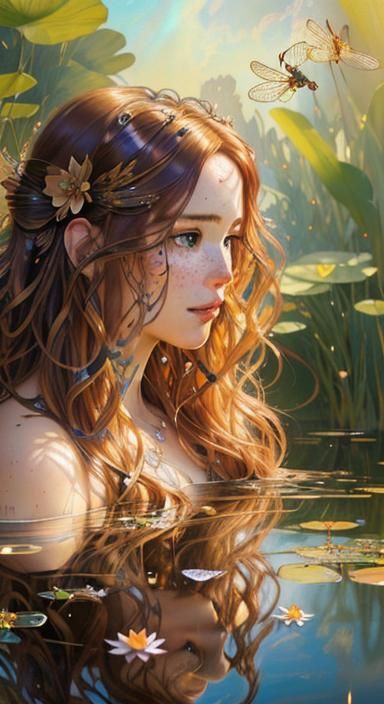 Girl Emerging from Pond as Rococo Digital Painting