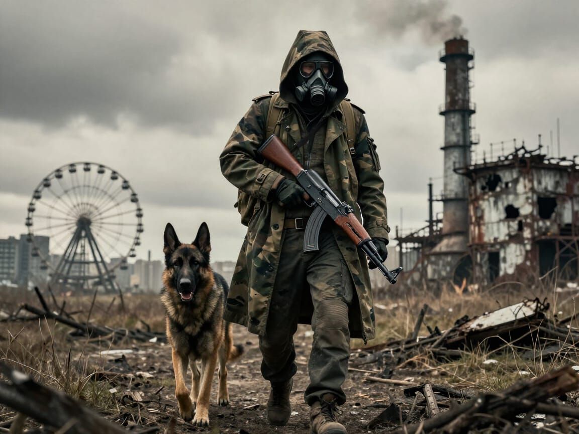 Post-Apocalyptic Stalker and Dog in Ruined City