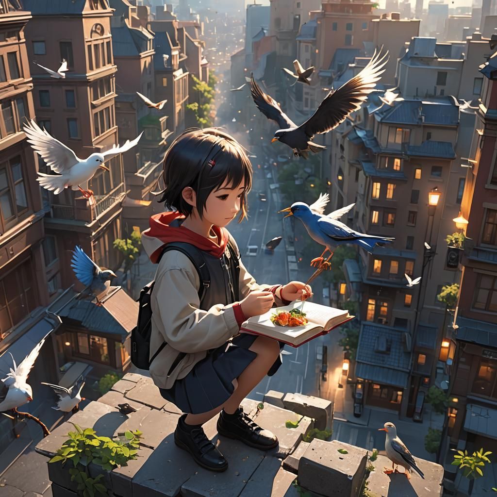 Child Feeding Birds: Anime-Inspired Book Cover