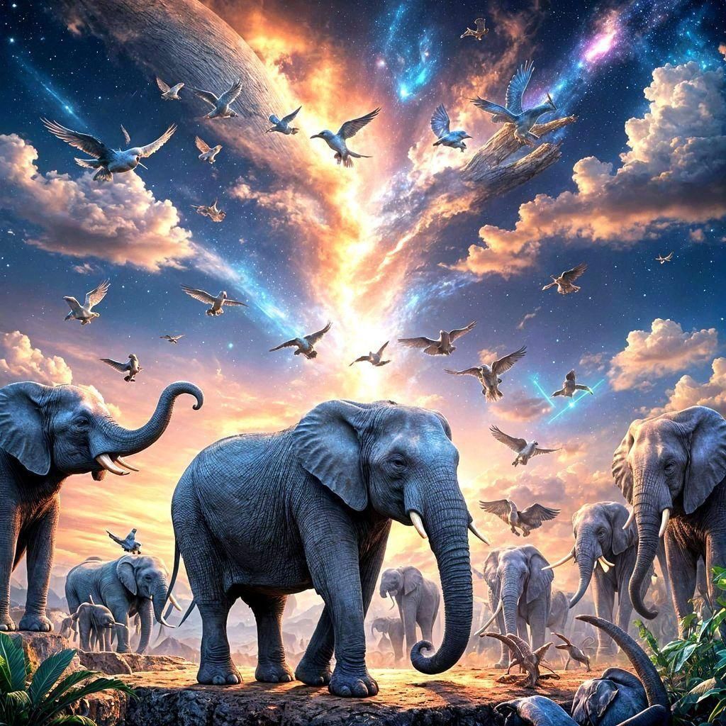 Birds on Elephant Trunk: Cosmic Holographic Illustration