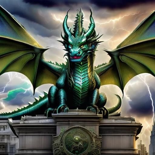 Art Deco Dragon Amidst a Storm